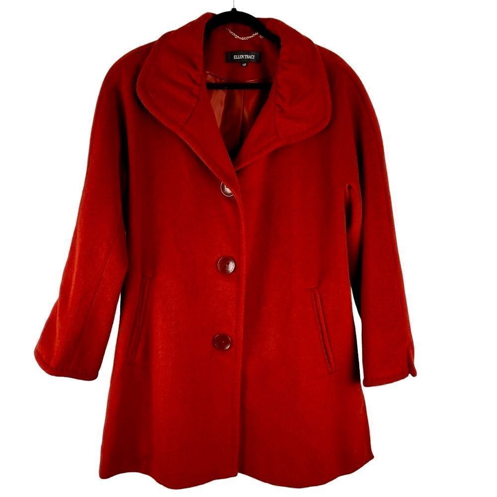 Ellen Tracy burnt orange wool angora blend 3 button coat sz 14P small side slits
